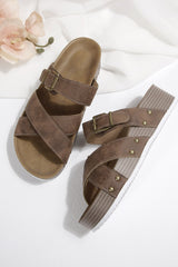 Brown Faux Suede PU Leather Strappy Cutout Retro Slippers