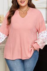 Plus Size Floral Patchwork Sleeve Waffle Knit Top