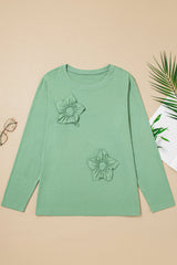 Plus Size Floral Applique Mineral Wash Long Sleeve Top