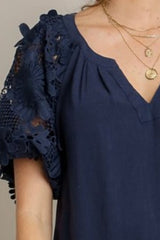 Umgee Full Size French Terry Boxy Cut Top with 3D Floral Sleeve Plus