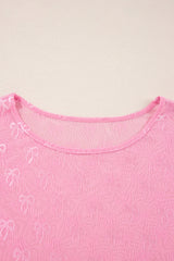 Plus Size Bow Tie Mesh Embroidered Long Sleeve Top