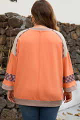 Plus Size Plaid Flower Patchwork 3/4 Sleeve Top