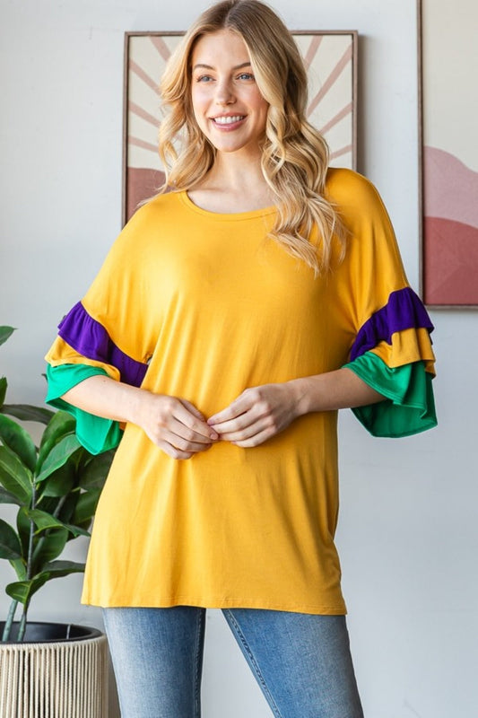 Heimish Full Size Round Neck Color Block Ruffled Half Sleeve Top Plus
