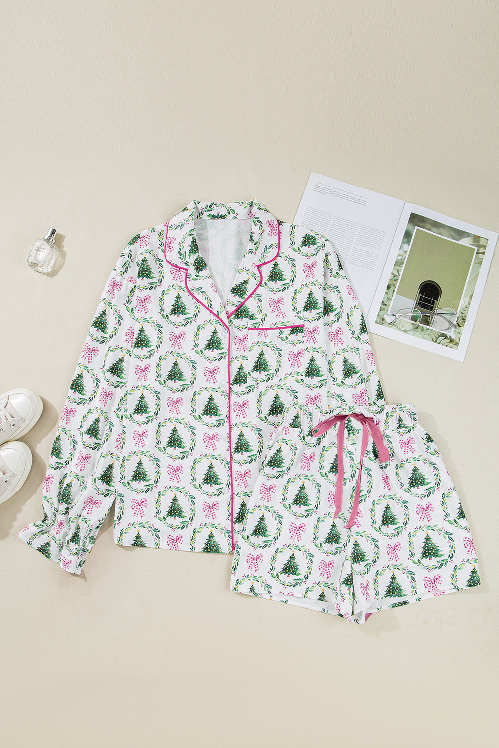 Christmas Velvet Trim Top and Shorts Pajama Set