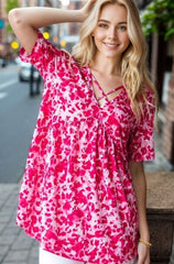 Heimish Full Size Short Sleeve Crisscross Animal Babydoll Top Plus