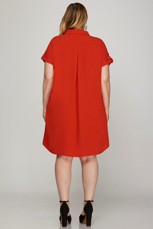 She + Sky Full Size Button Down Short Sleeve Woven Shirt Dress Plus