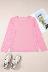 Plus Size Bow Tie Mesh Embroidered Long Sleeve Top