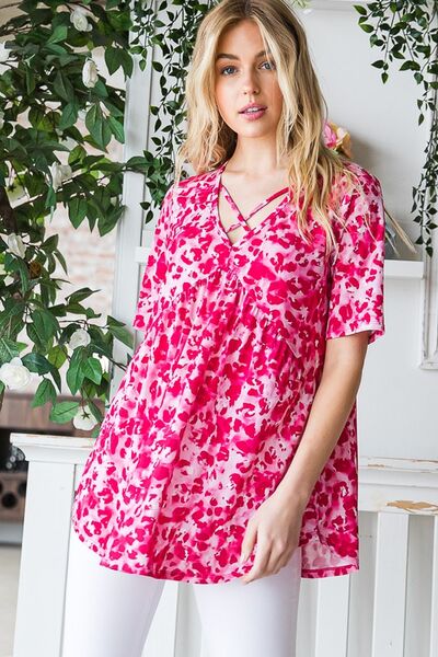 Heimish Full Size Short Sleeve Crisscross Animal Babydoll Top Plus
