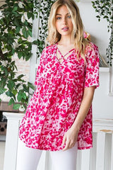 Heimish Full Size Short Sleeve Crisscross Animal Babydoll Top Plus