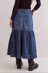 MUNSIEUR Bohemian Denim Midi Skirt - Luxury Flowy Skirt with Pockets