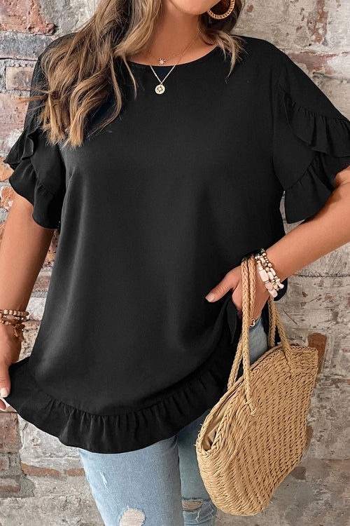 Plus Size Solid Ruffle Trim Petal Sleeve Tee