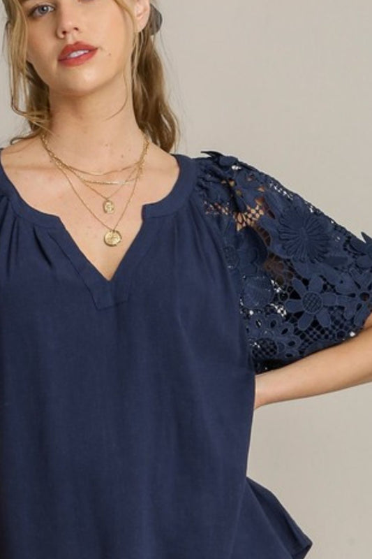 Umgee Full Size French Terry Boxy Cut Top with 3D Floral Sleeve Plus