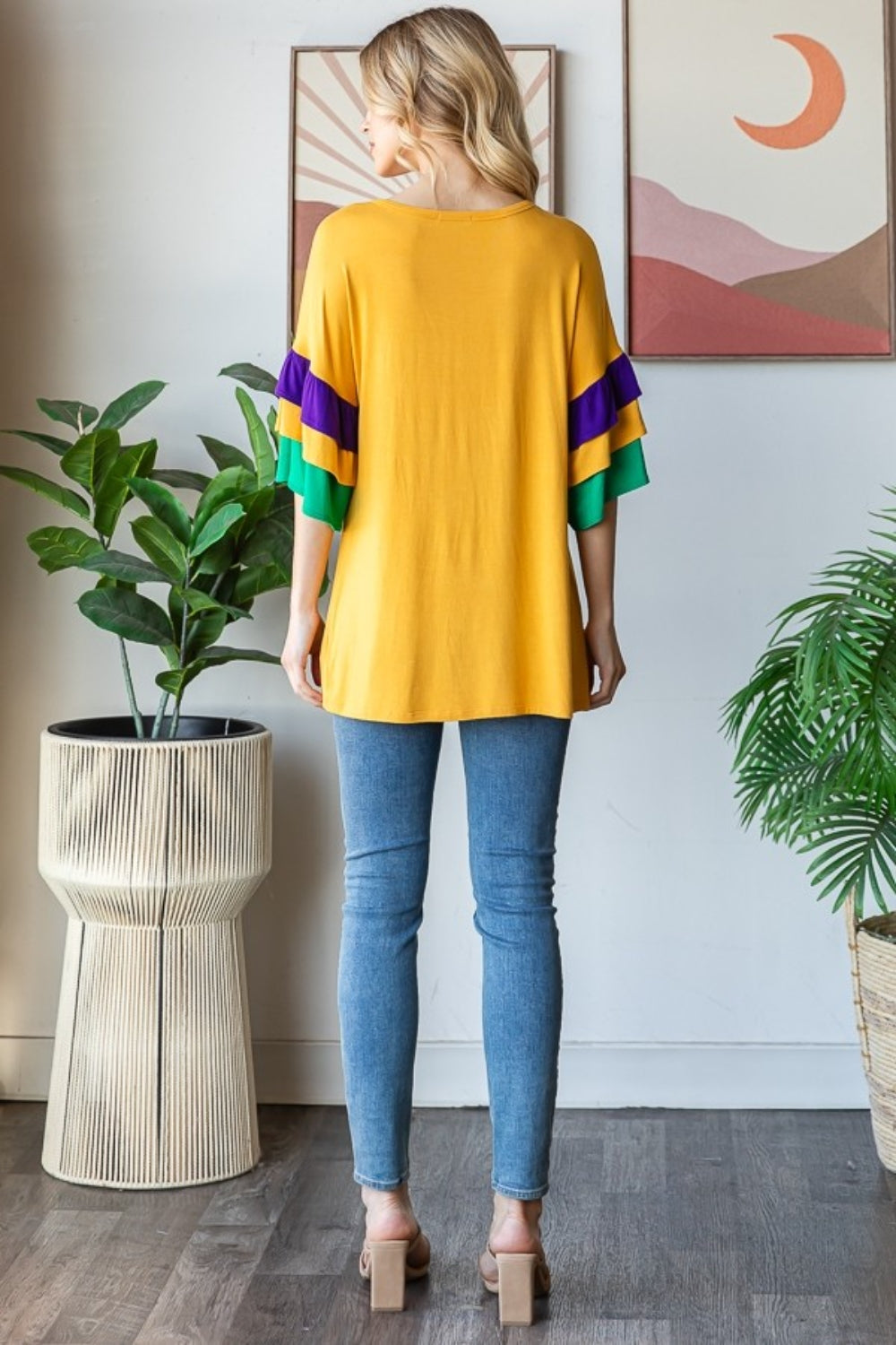 Heimish Full Size Round Neck Color Block Ruffled Half Sleeve Top Plus