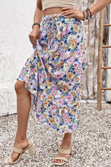 Floral Lace Up High Waist Ruffle Maxi Skirt