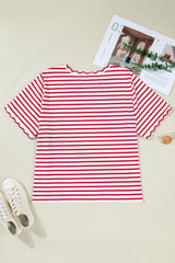 Plus Size Stripe Scalloped Trim Round Neck Top
