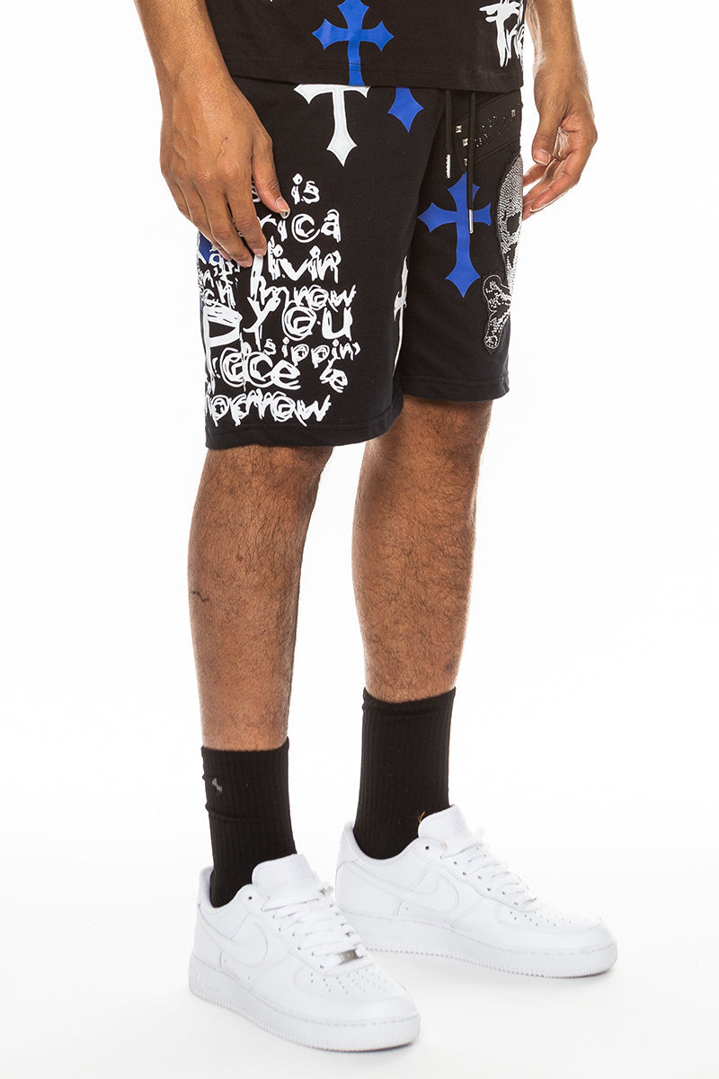 Bejewelled Chrome Skull Shorts EMS4107