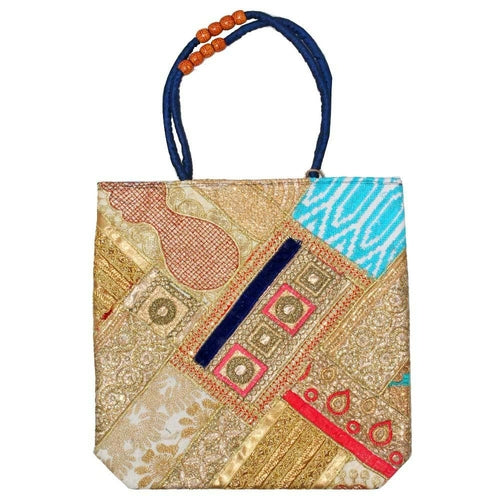 Gudari Raw Silk Patchwork Sequin Zardozi Embroidery Lace Tote Bag