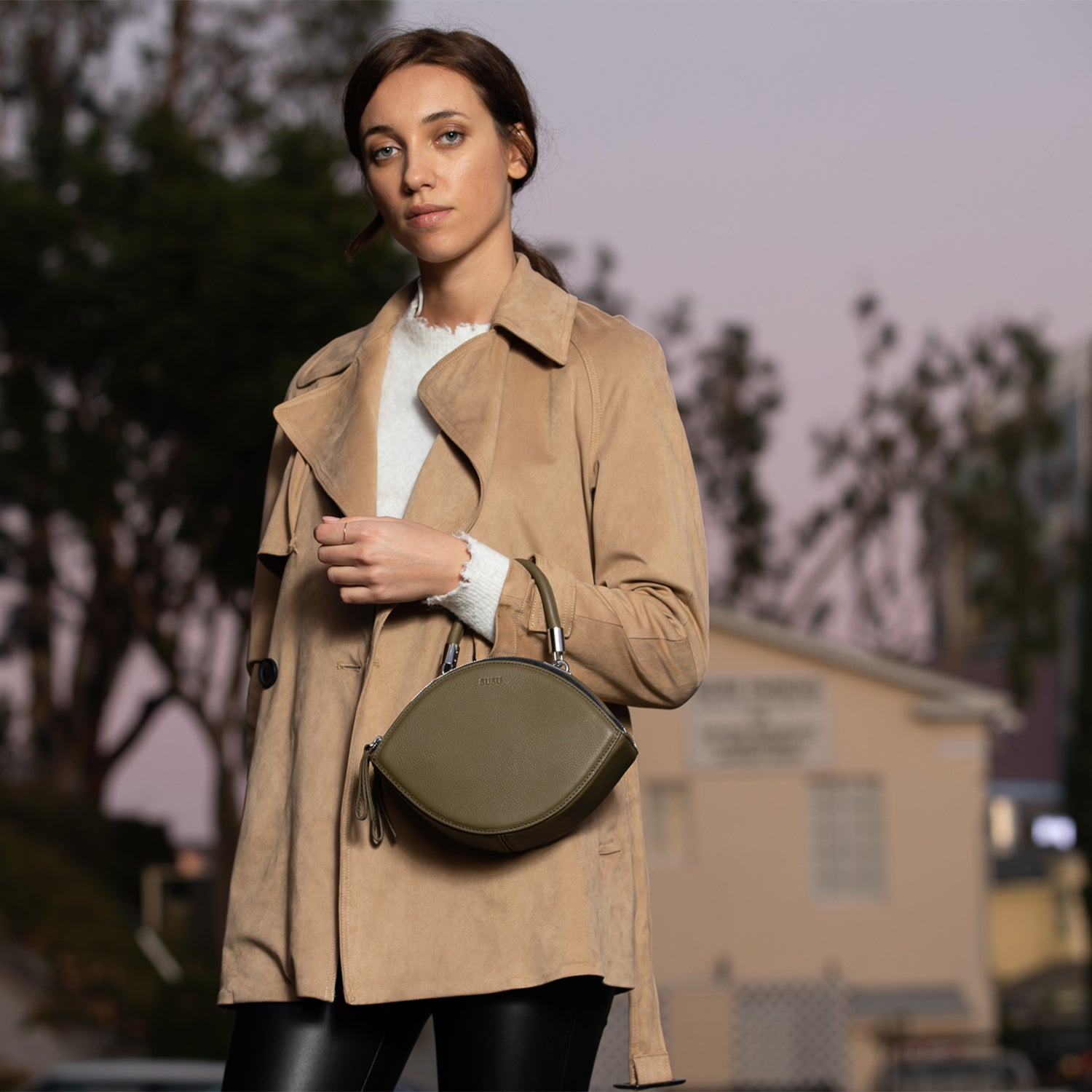 The Kiss Circle Shape Leather Crossbody Bag Olive Green