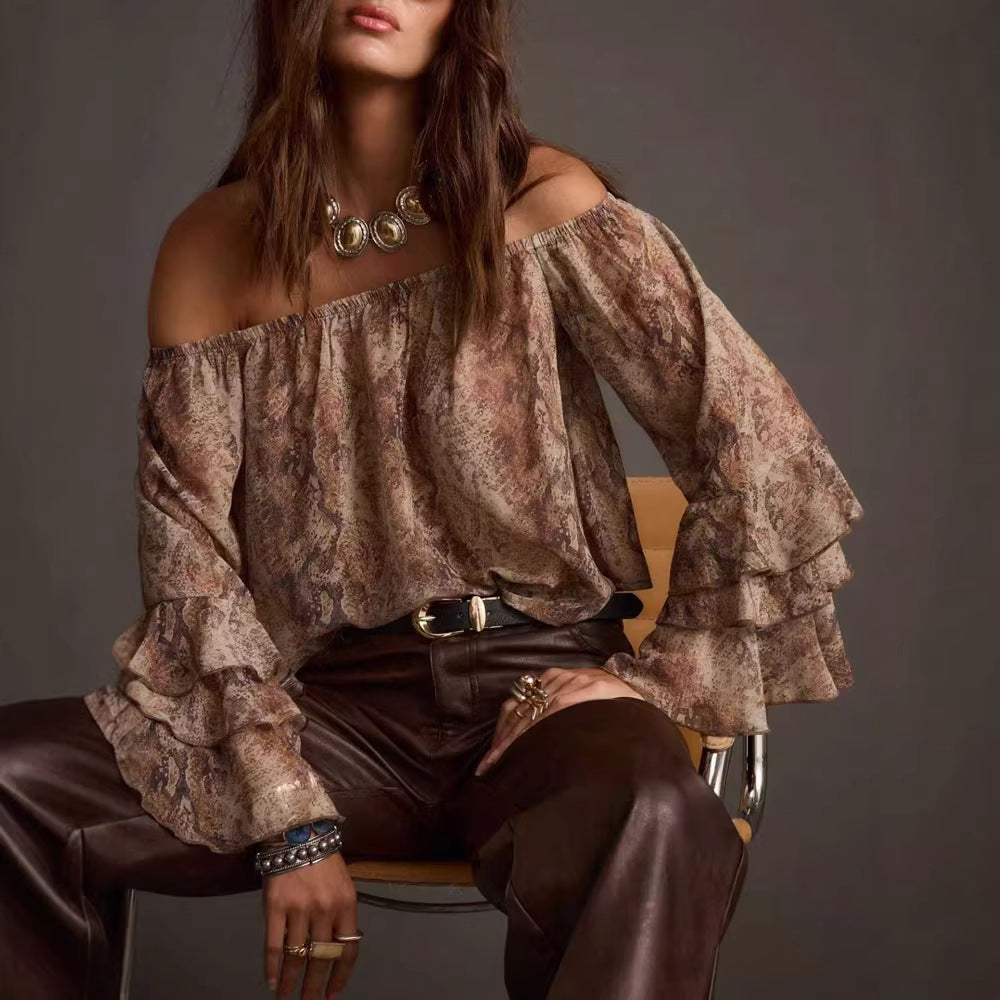 Women's Casual Printed off Shoulder Chiffon Blouse
