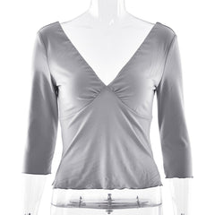 Spring Summer Deep V Plunge Low Collar Backless Half Sleeve T shirt
