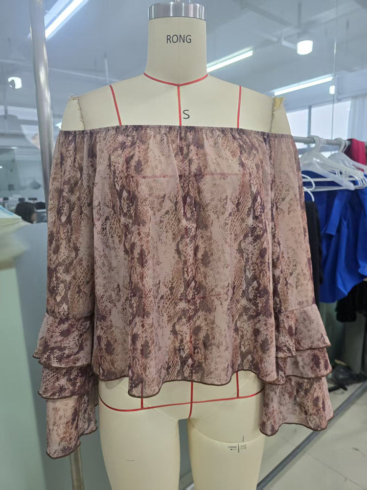 Women's Casual Printed off Shoulder Chiffon Blouse