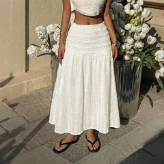Vacation Large Swing Elastic Waist Solid Color Texture Skirt .Ships