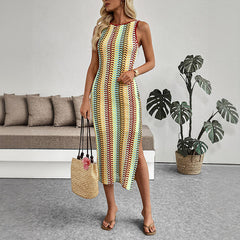 Ethnic Vacation round Neck Striped Contrast Color Sleeveless Sheath