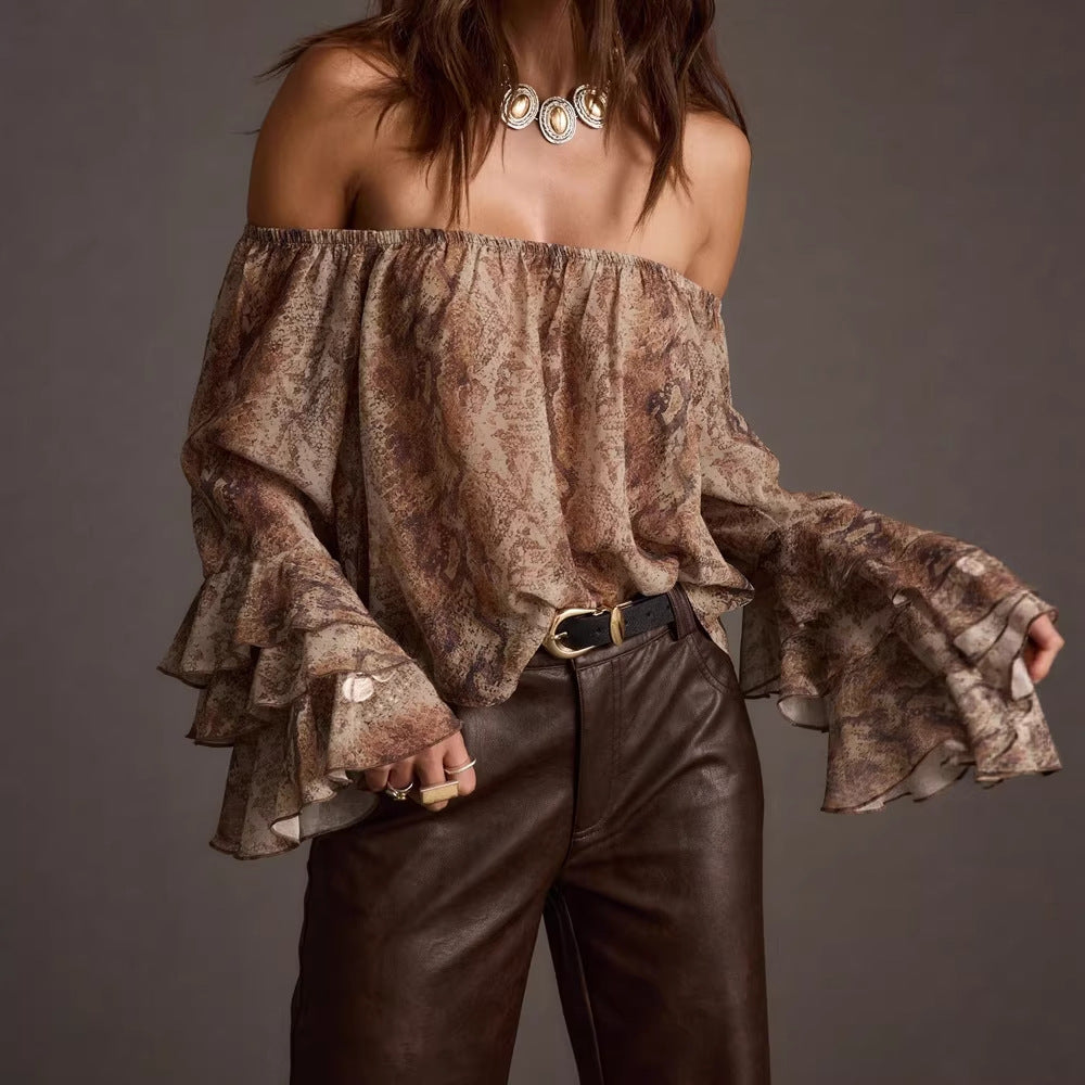 Women's Casual Printed off Shoulder Chiffon Blouse