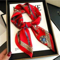 1PCS Red Luxury Chain Print Small Square Scarf Simulated Silk Thin