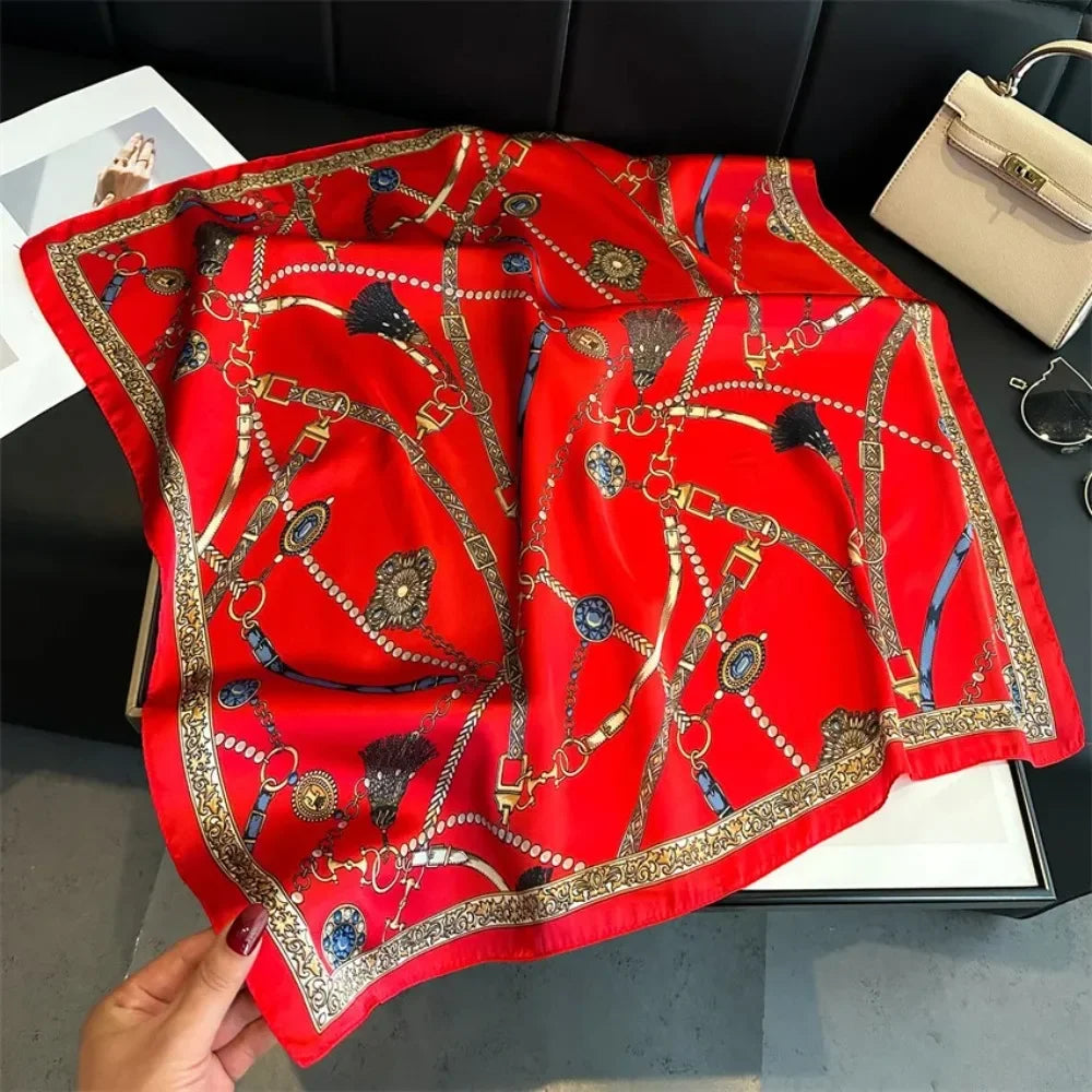 1PCS Red Luxury Chain Print Small Square Scarf Simulated Silk Thin