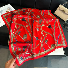 1PCS Red Luxury Chain Print Small Square Scarf Simulated Silk Thin