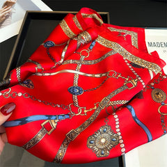 1PCS Red Luxury Chain Print Small Square Scarf Simulated Silk Thin