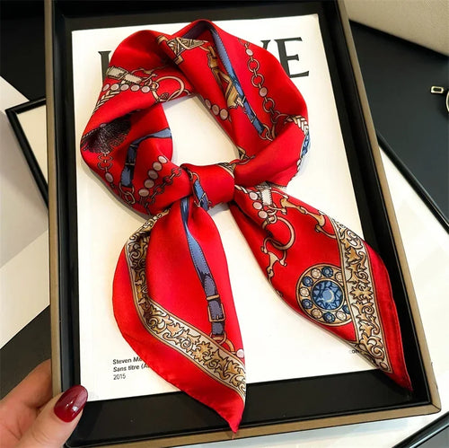 1PCS Red Luxury Chain Print Small Square Scarf Simulated Silk Thin