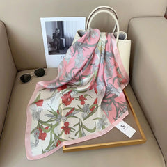 SIMPLEJEWEL 70cm Silk Square Scarf Women Satin Bandana Print Scarves
