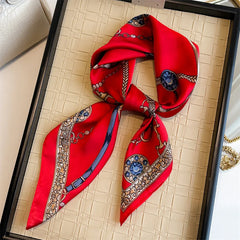 1PCS Red Luxury Chain Print Small Square Scarf Simulated Silk Thin