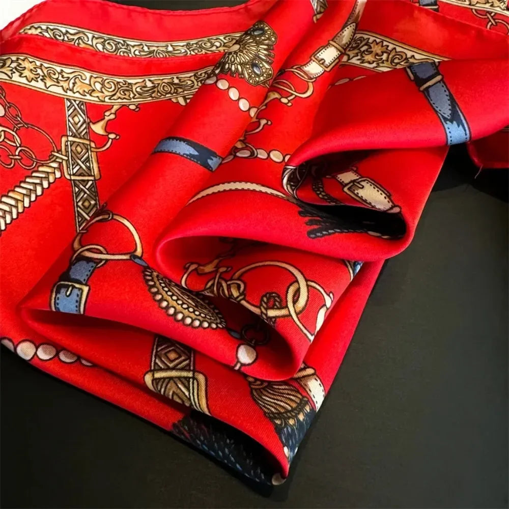 1PCS Red Luxury Chain Print Small Square Scarf Simulated Silk Thin