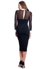 Tuxedo Illusion Sheath Dress - Long Sleeve Midi Dress, Black & White