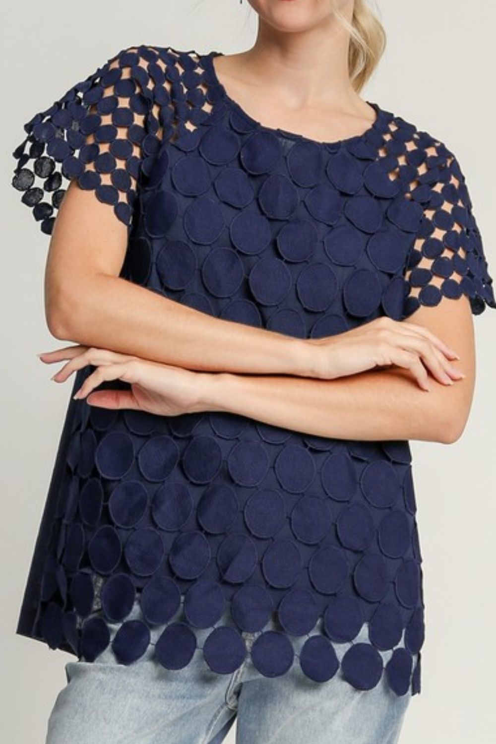 Umgee Full Size Mixed Polka Dot Lace Raglan Sleeve Boxy Cut Top Plus