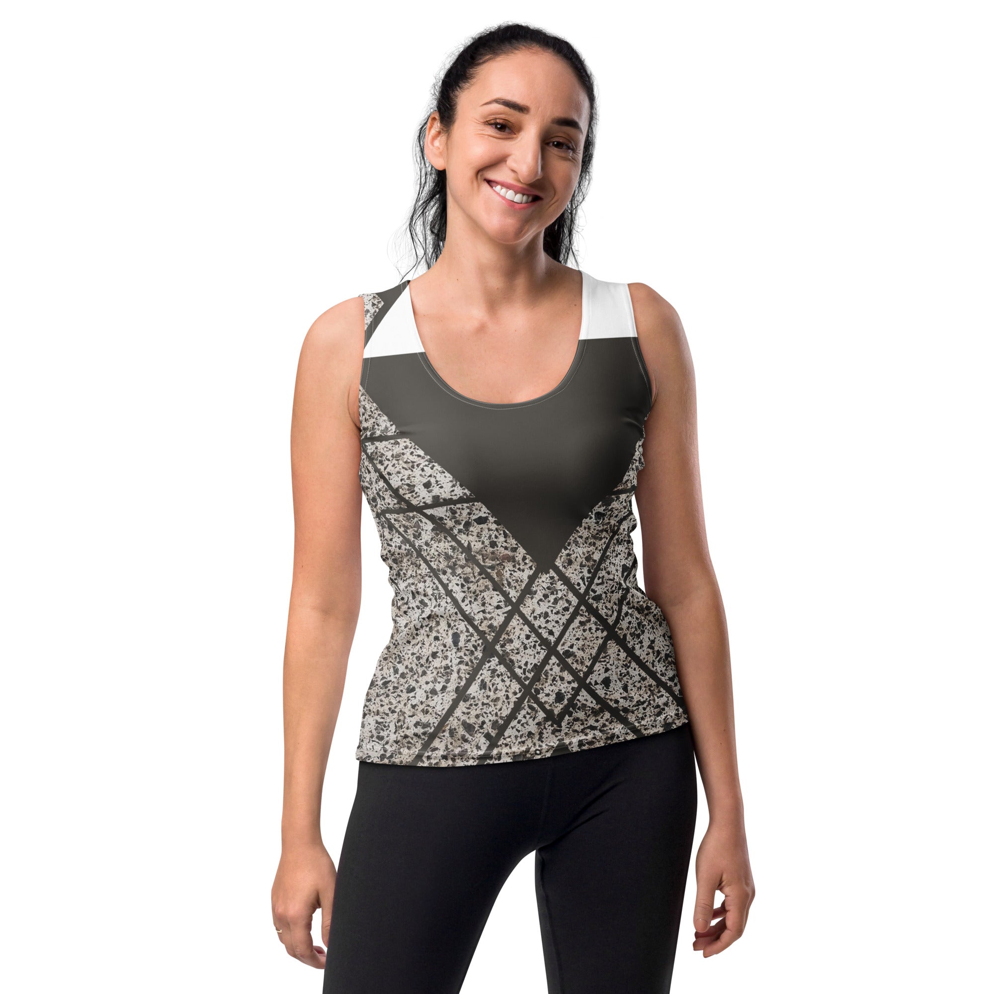 Womens Stretch Fit Tank Top - Brown and White Triangular Colorblock