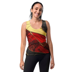 Womens Stretch Fit Tank Top - Bold Red Gold Tones Print
