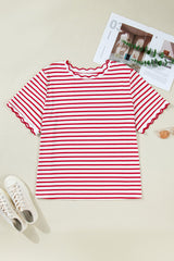 Plus Size Stripe Scalloped Trim Round Neck Top