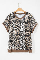 Plus Size Leopard Contrast Trim Short Sleeve Top