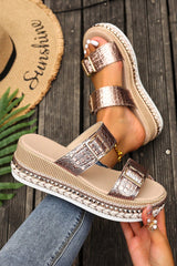 Gold Metallic Textured PU Leather Buckle Wedge Platform Slippers