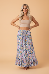 Floral Lace Up High Waist Ruffle Maxi Skirt