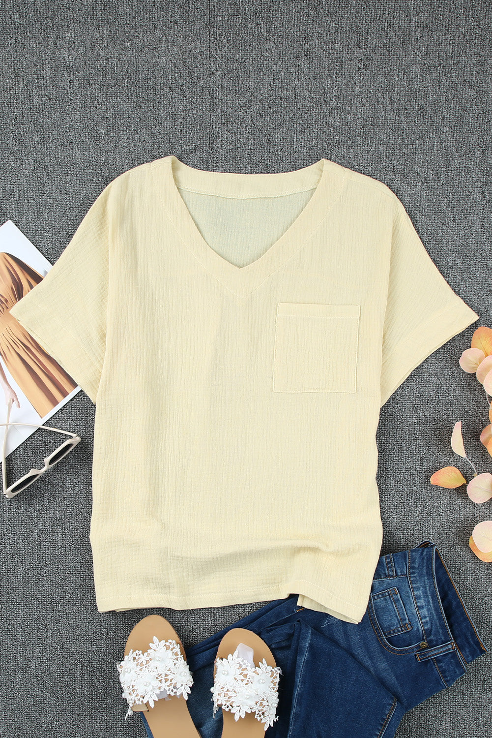 Beige Textured Pocket Split V Neck Plus Size Top
