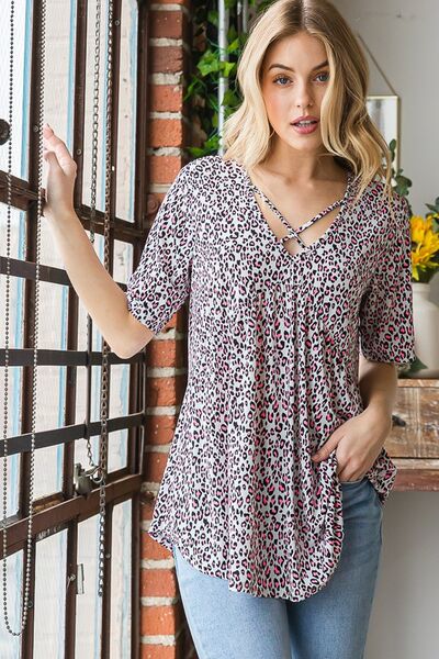 Heimish Full Size Short Sleeve Crisscross Animal Babydoll Top Plus