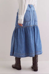 MUNSIEUR Bohemian Denim Midi Skirt - Luxury Flowy Skirt with Pockets