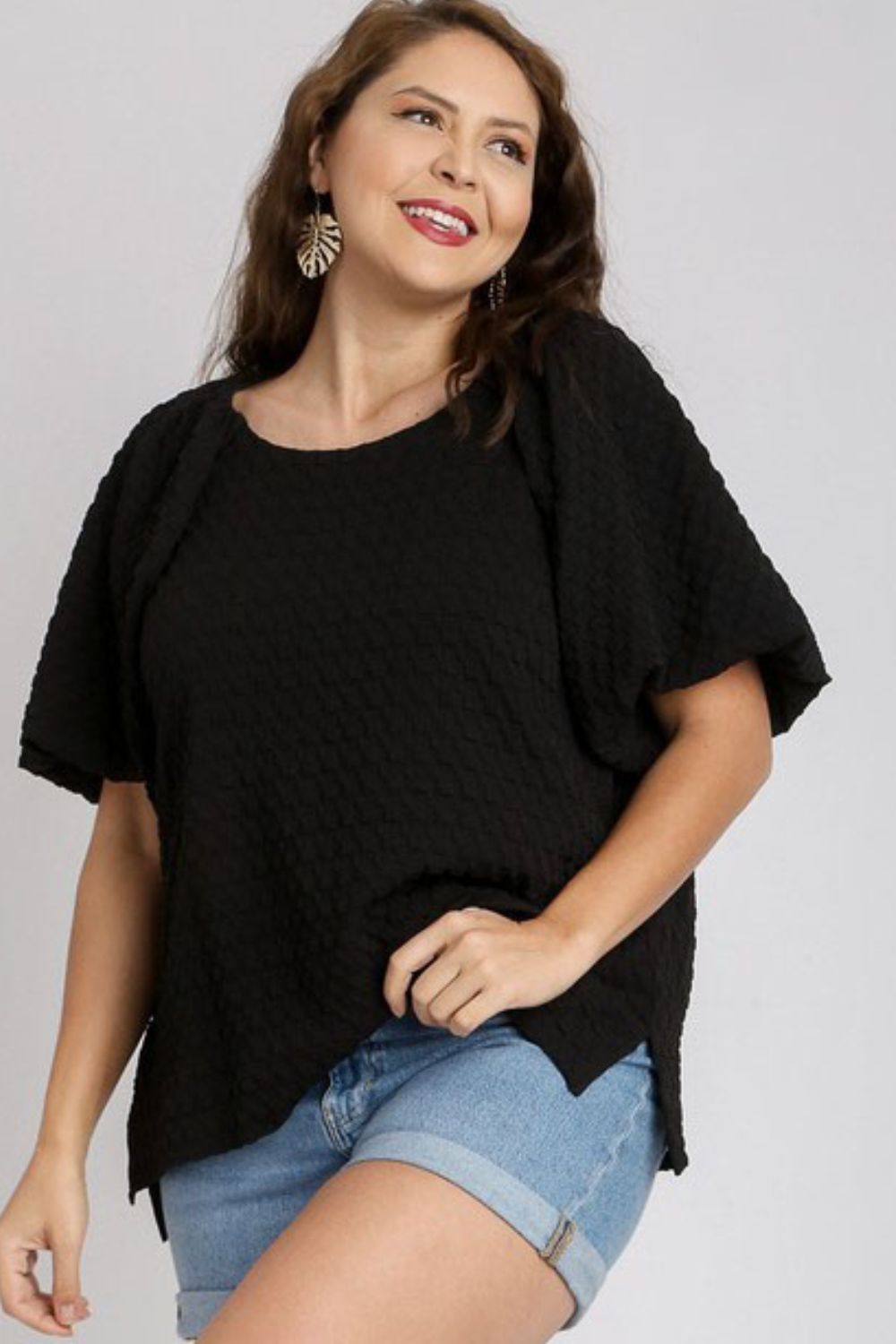 Umgee Full Size Boxy Cut Jacquard Round Neck Top with Side Slit Plus