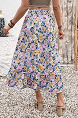 Floral Lace Up High Waist Ruffle Maxi Skirt