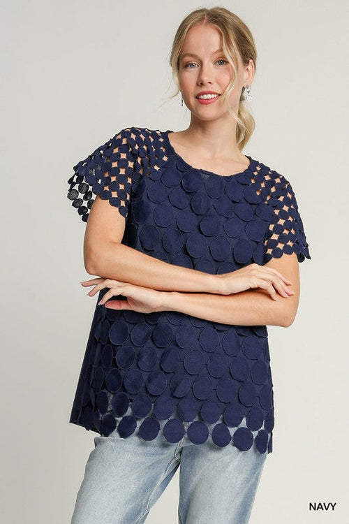 Umgee Full Size Mixed Polka Dot Lace Raglan Sleeve Boxy Cut Top Plus